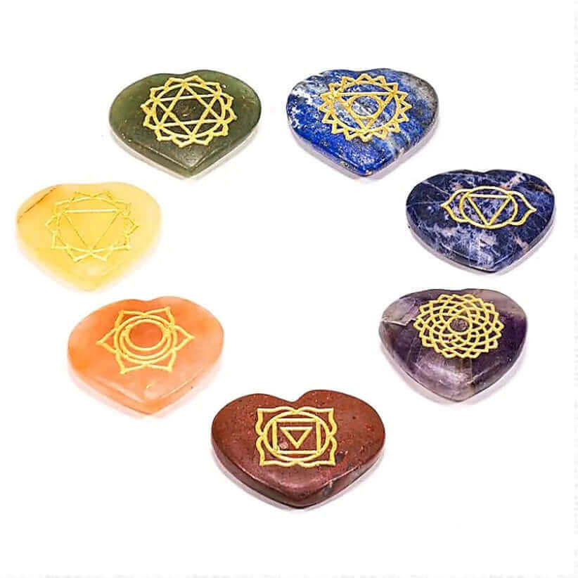 7 Chakra Symbol Crystal Stones Set for Meditation and Balancing (Piedras de cristal de símbolo de 7 chakras) para la meditación y el equilibrio