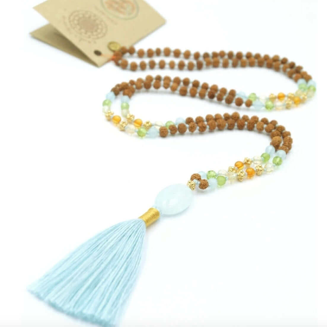 Mala Halskette - Ocean Wave - Rudraksha-Samen mit der erfrischenden und klärenden Energie des Aquamarins - IRIS AURA SHOP