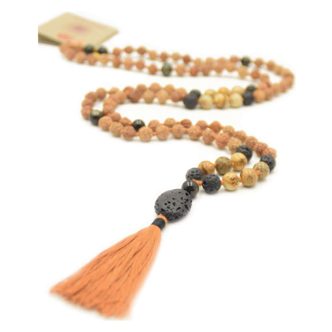 Mala Halskette - Rootz Mala - Kombination von Rudraksha Mala Perlen, Lavastein und Leopardenfell Jaspis gefertigt - IRIS AURA SHOP