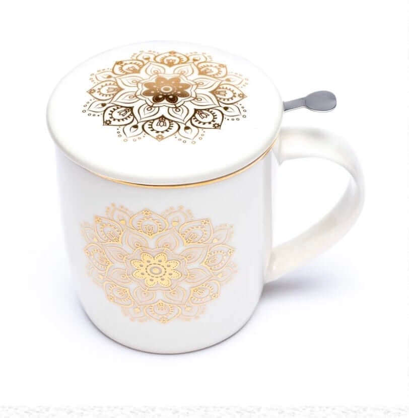 Teetasse mit Sieb und Deckel mit Mandala Symbol - IRIS AURA SHOP